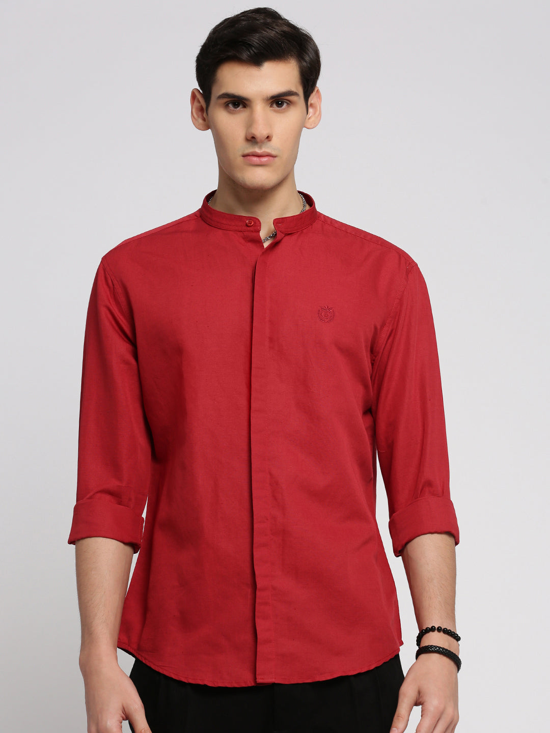 Men Red Mandarin Collar Solid Shirt