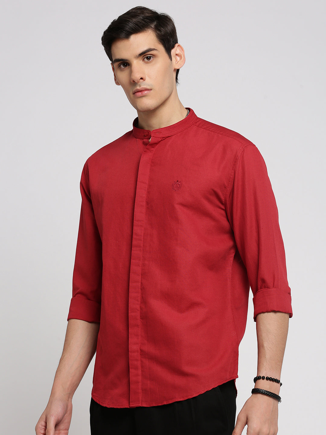 Men Red Mandarin Collar Solid Shirt