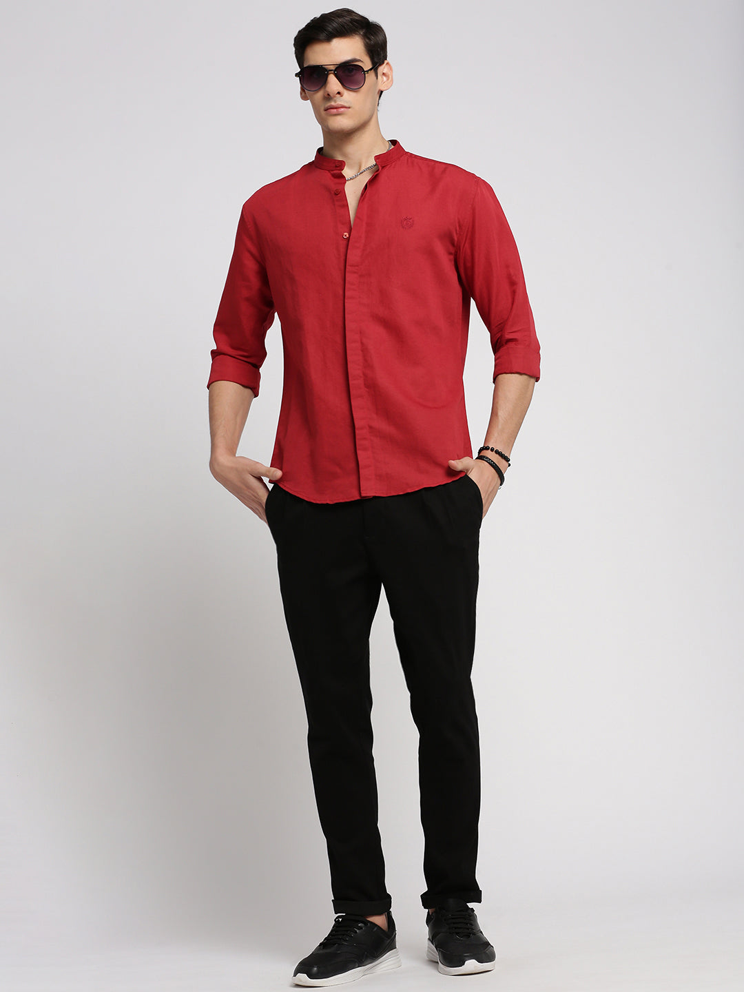 Men Red Mandarin Collar Solid Shirt