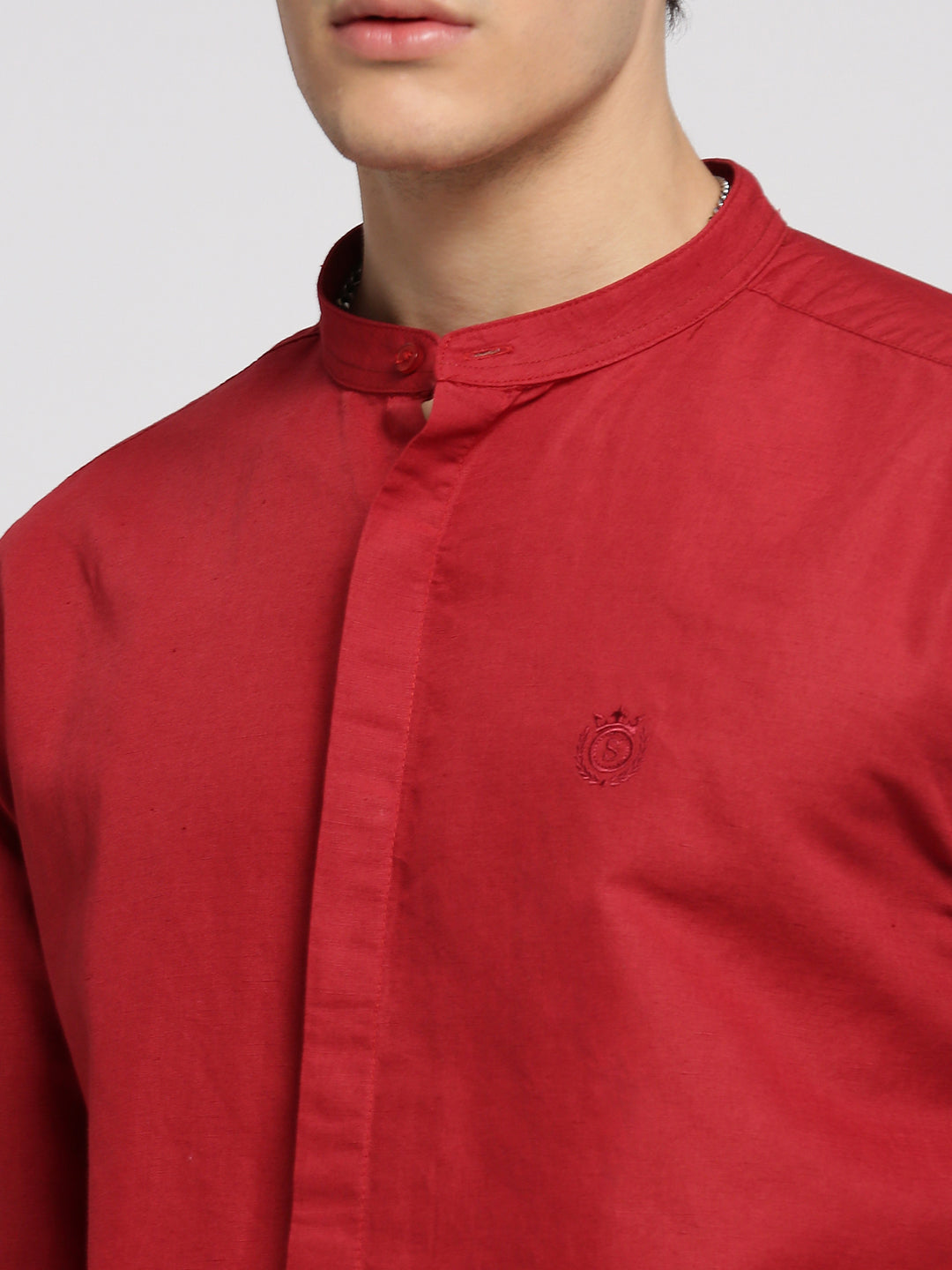 Men Red Mandarin Collar Solid Shirt