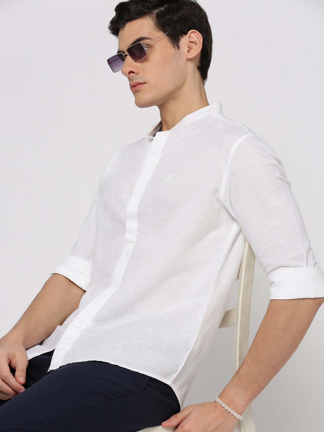 Men White Mandarin Collar Solid Shirt