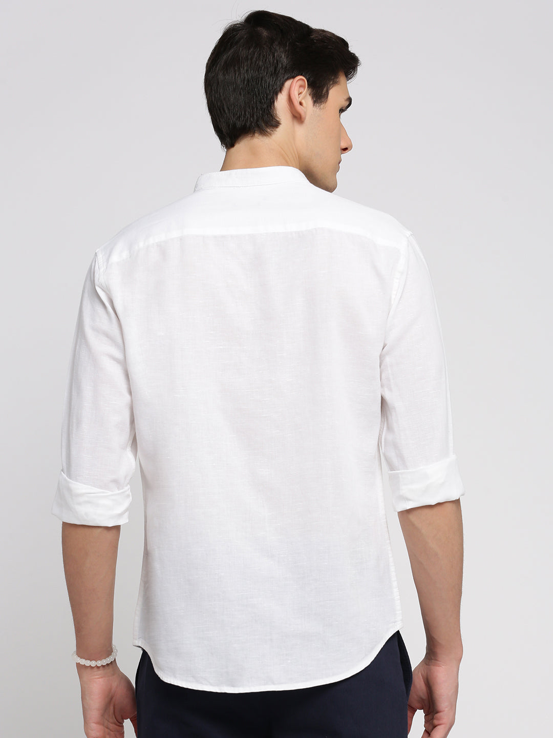 Men White Mandarin Collar Solid Shirt