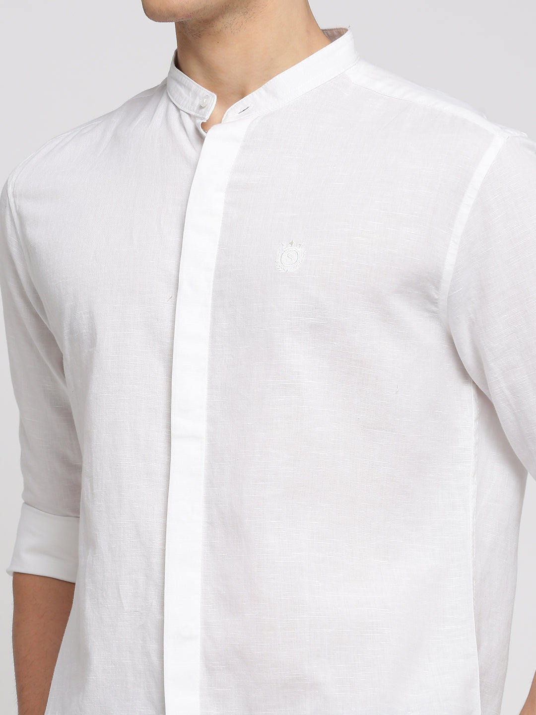 Men White Mandarin Collar Solid Shirt