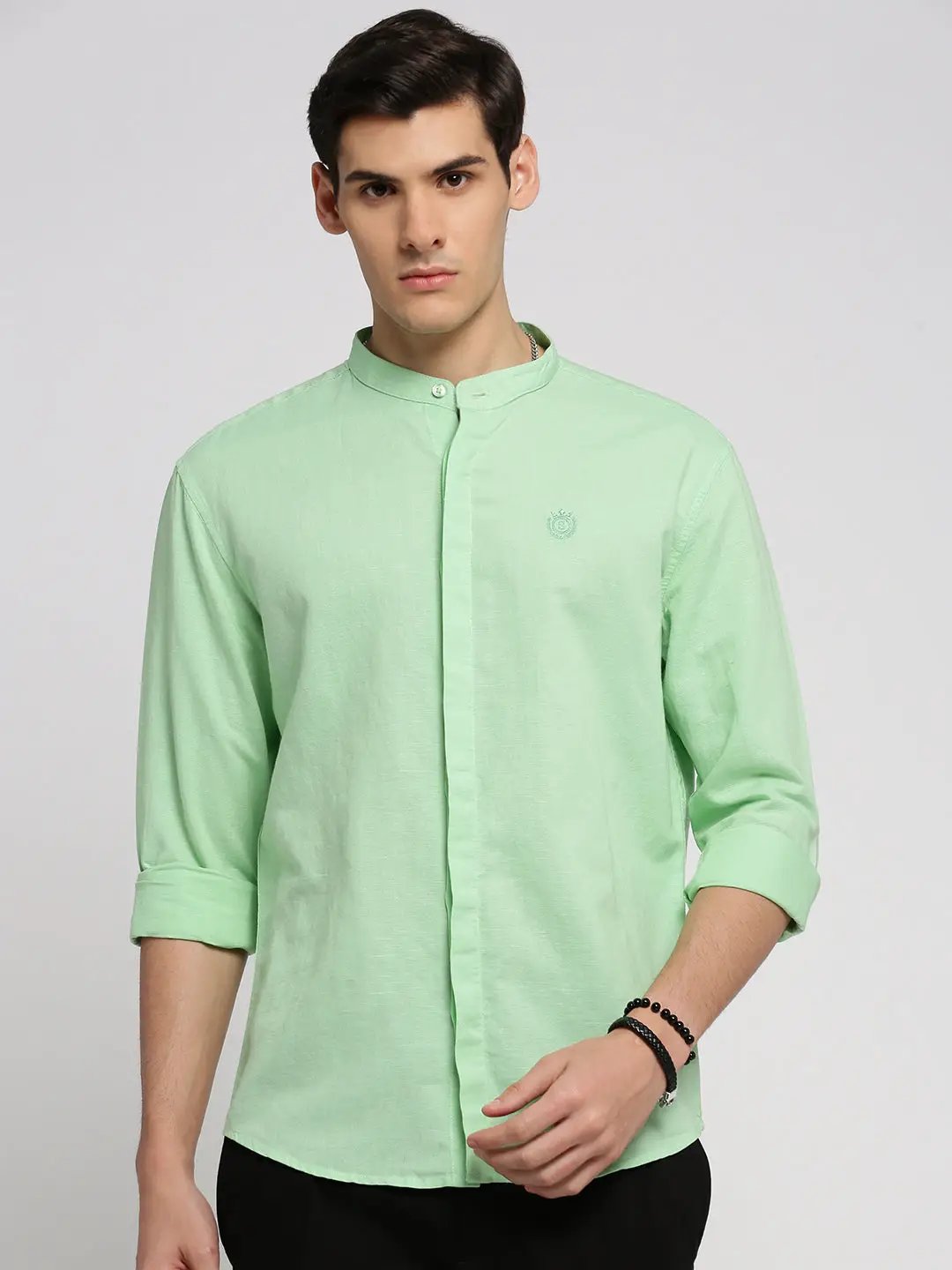 Men's Green Mandarin Collar Solid Shirt