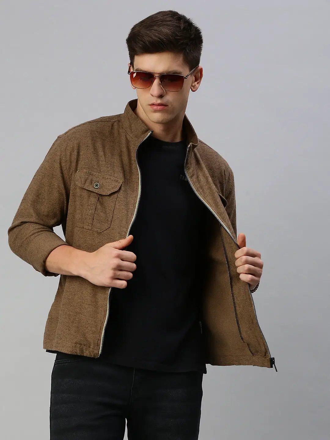 Men's Khaki Solid Casual Jacket