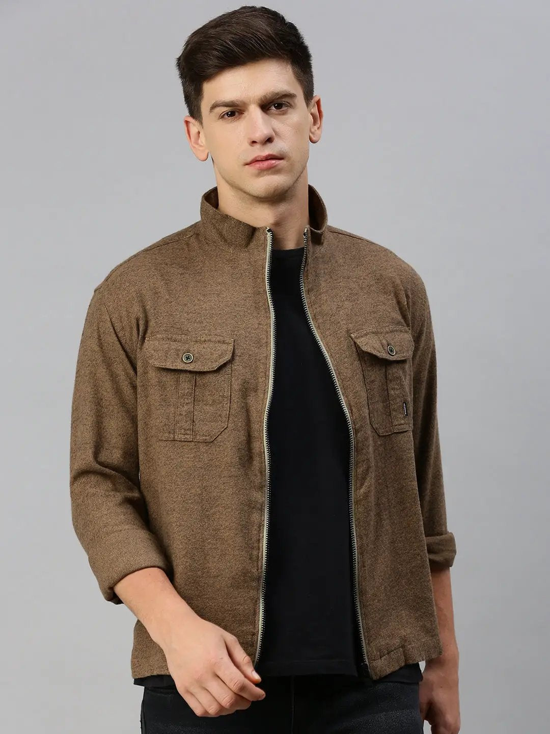 Men's Khaki Solid Casual Jacket