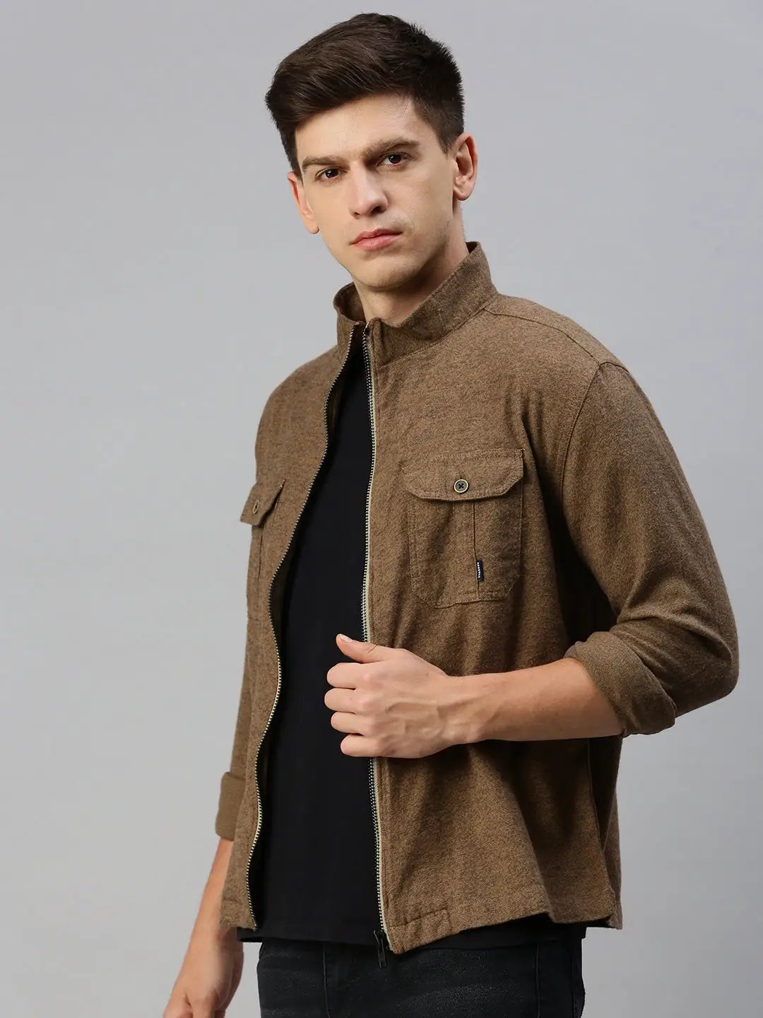 Men's Khaki Solid Casual Jacket