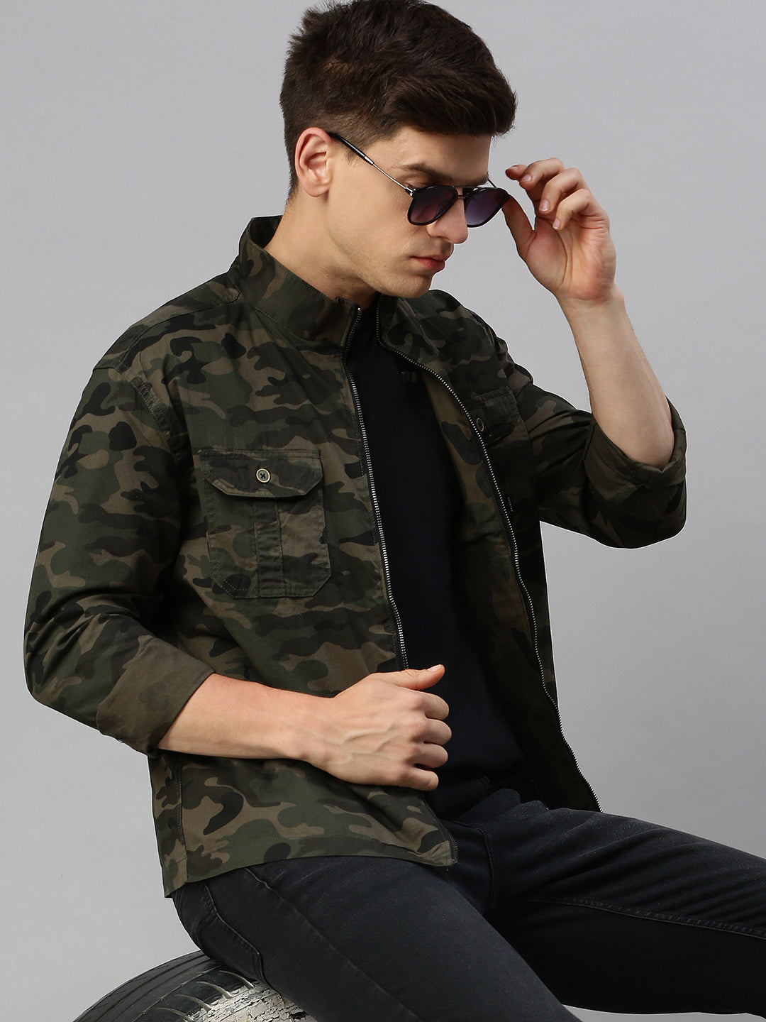 Men's Green Printed Casual Jacket