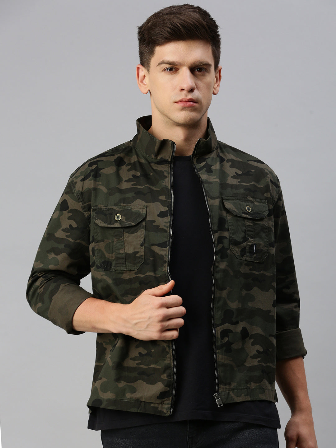 Men's Green Printed Casual Jacket