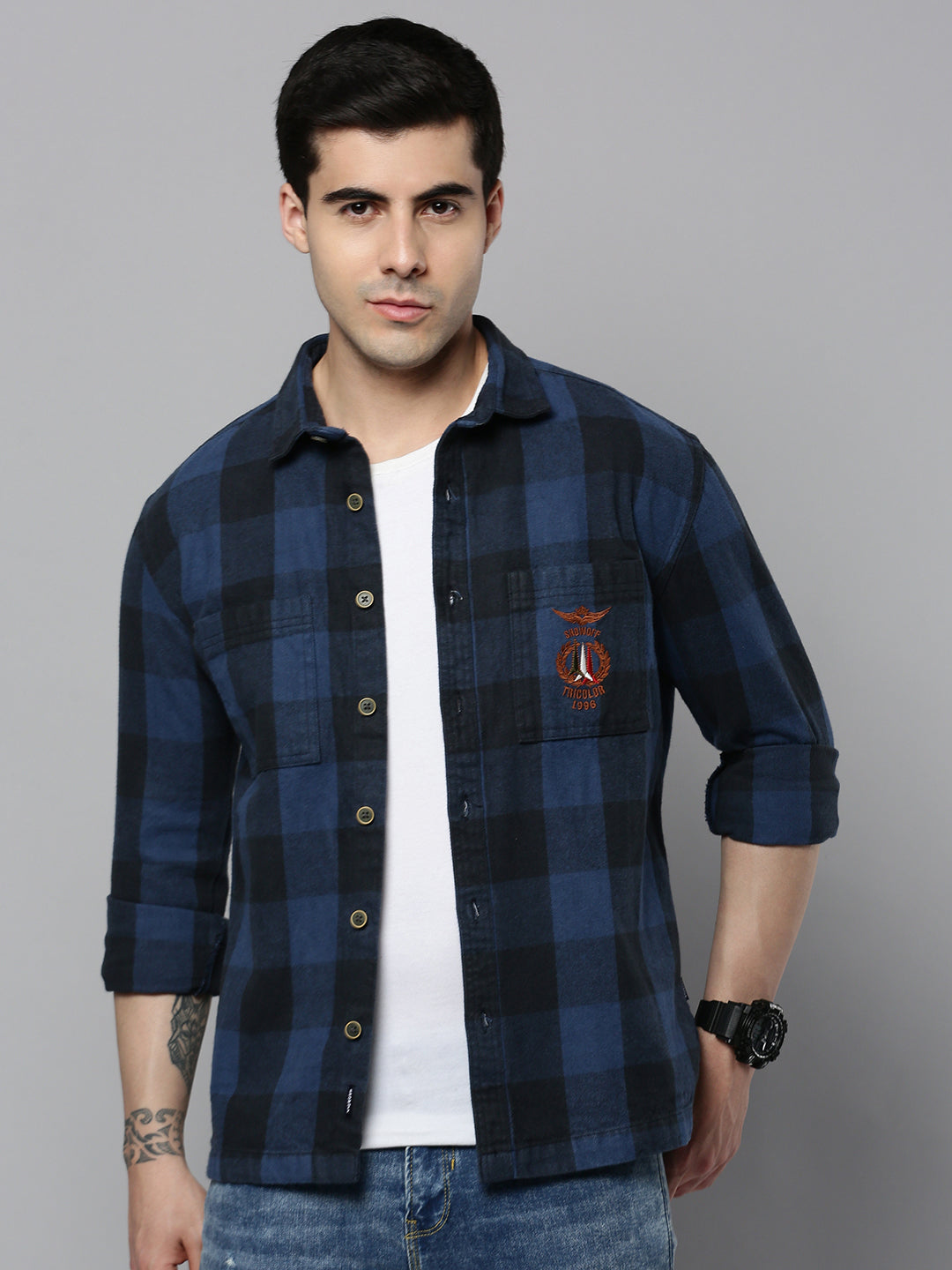 Men's Blue Checked Casual Shacket