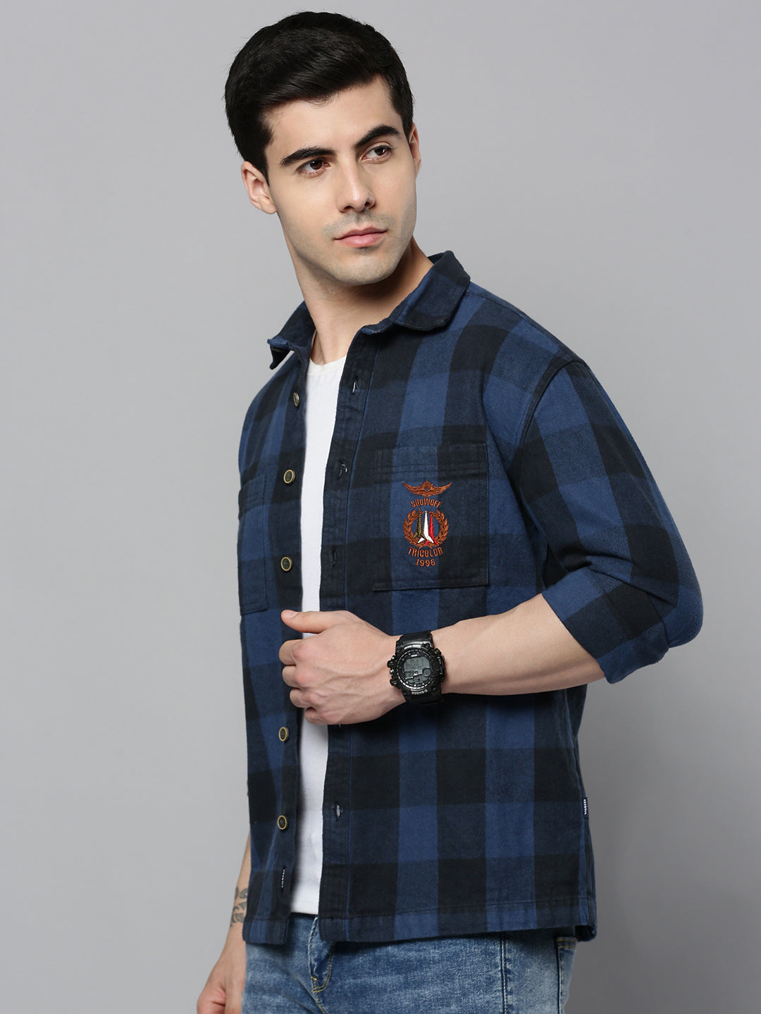 Men's Blue Checked Casual Shacket
