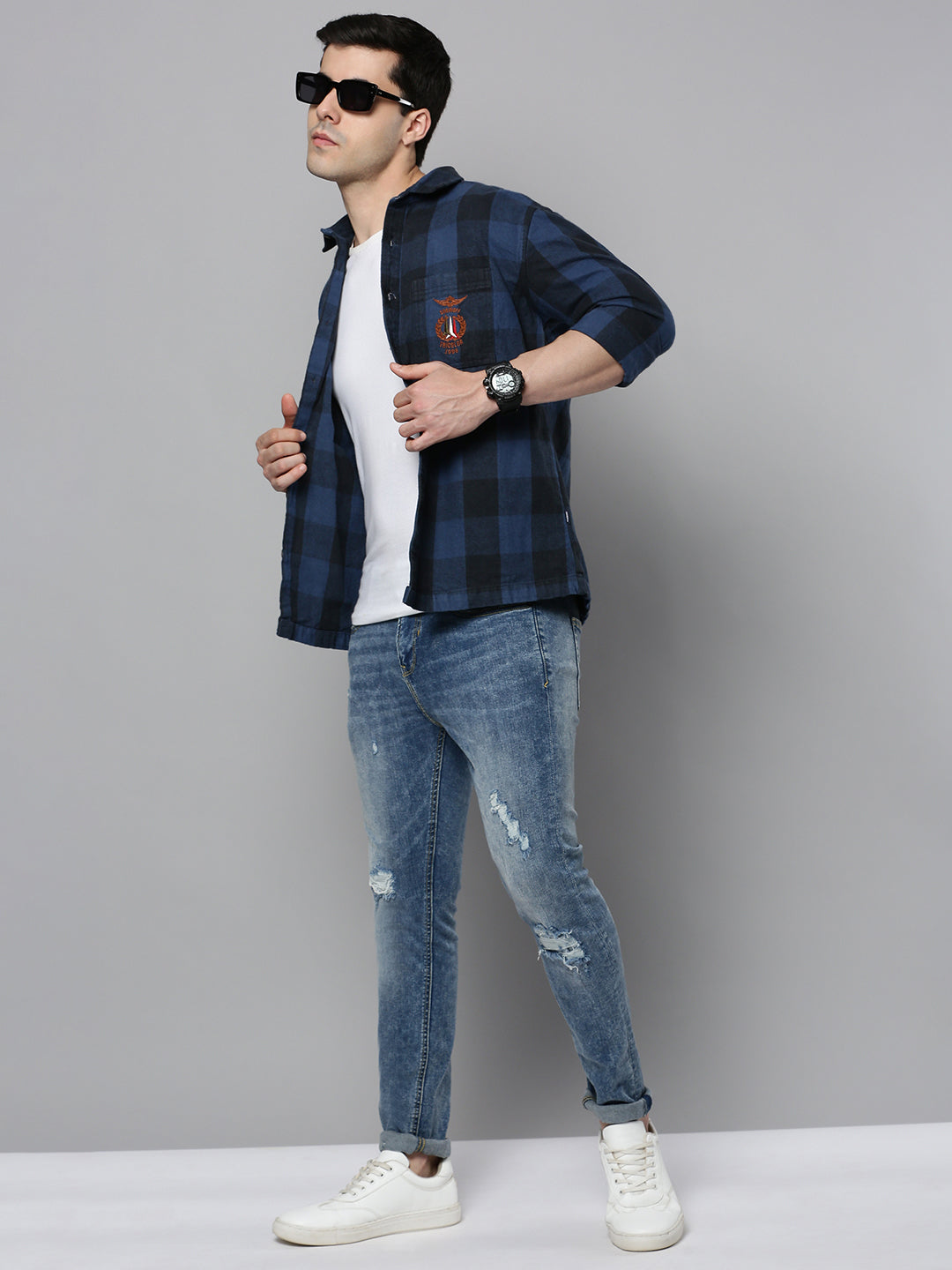 Men's Blue Checked Casual Shacket