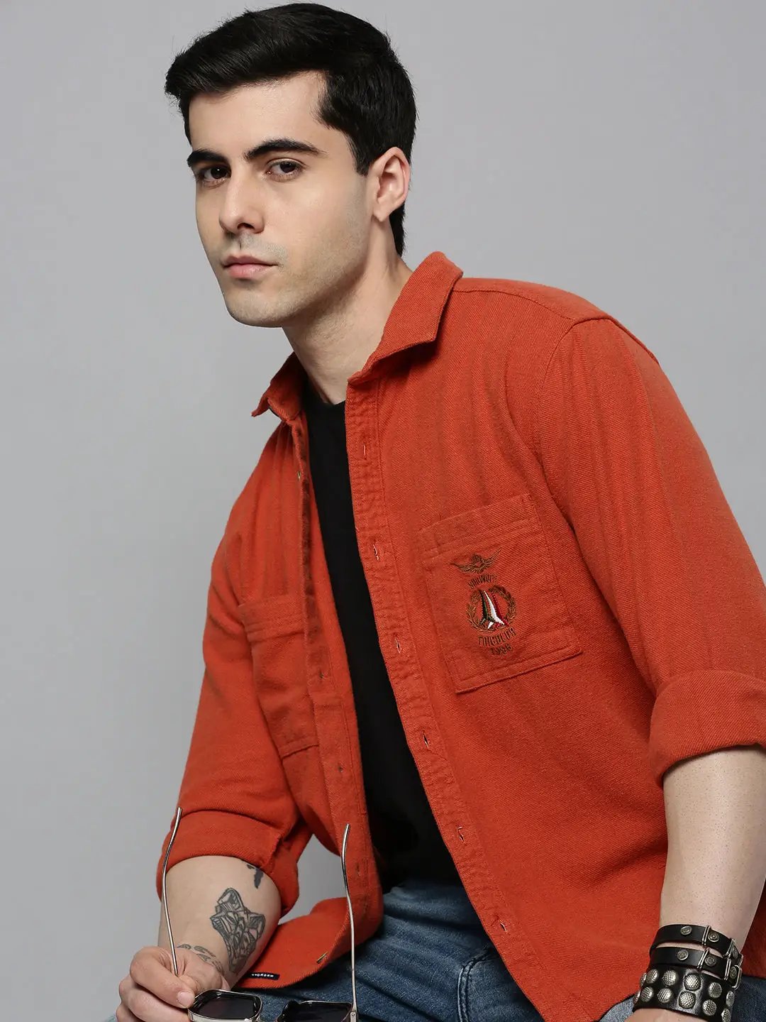 Men's Orange Solid Casual Shirt
