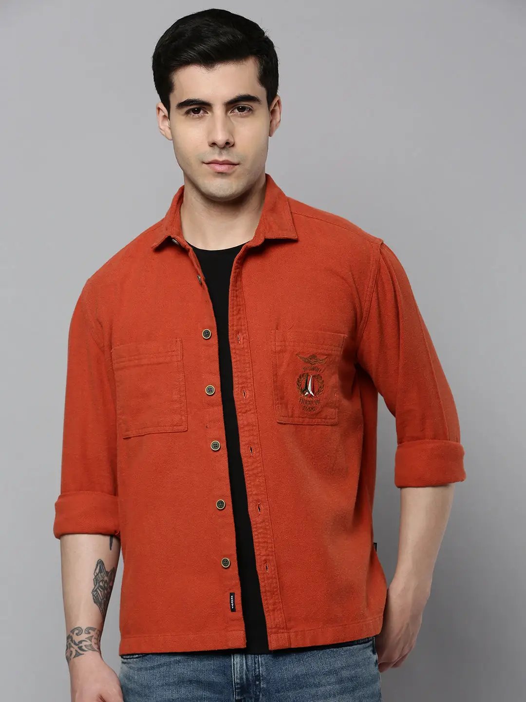 Men's Orange Solid Casual Shirt