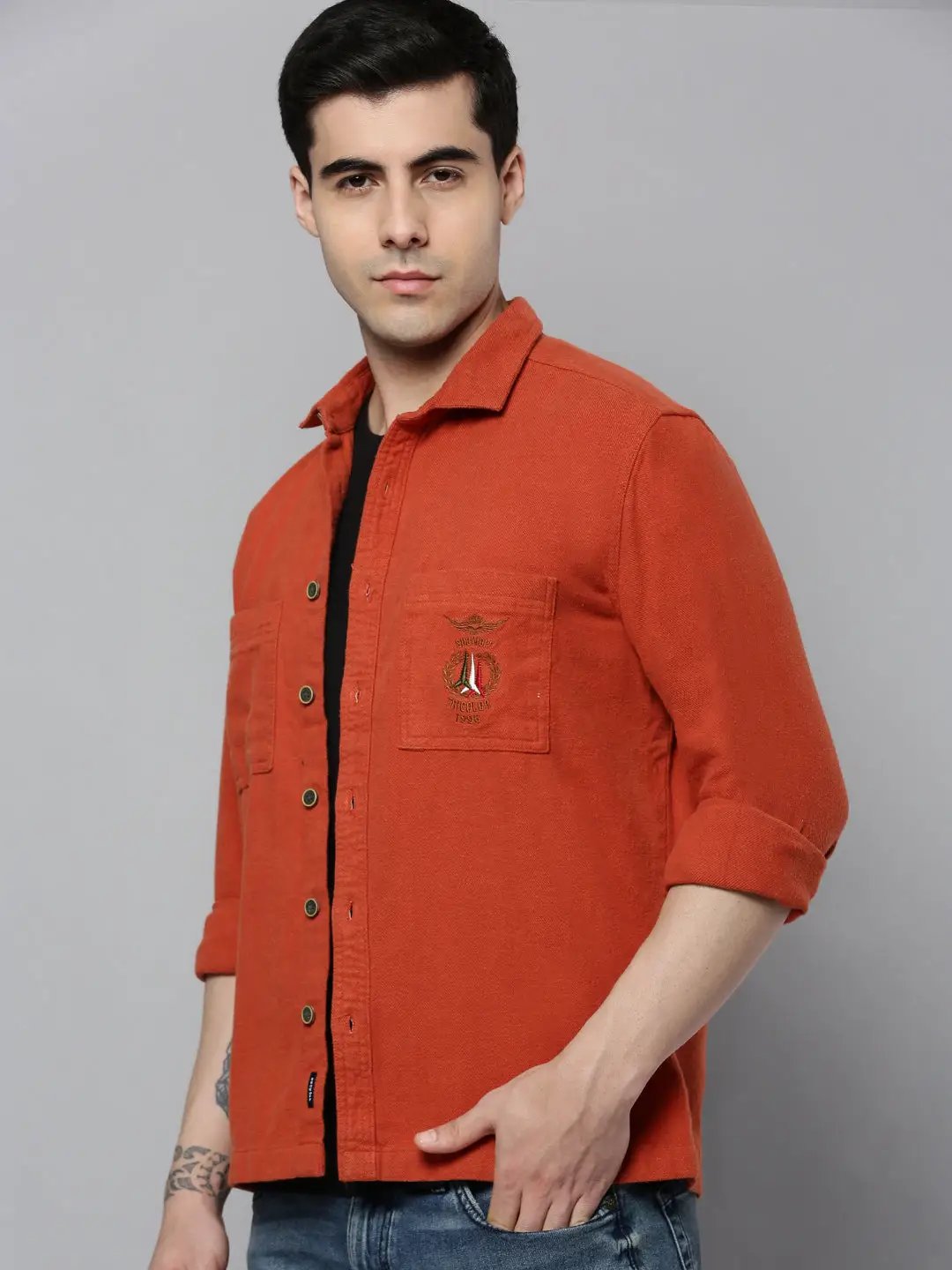 Men's Orange Solid Casual Shirt