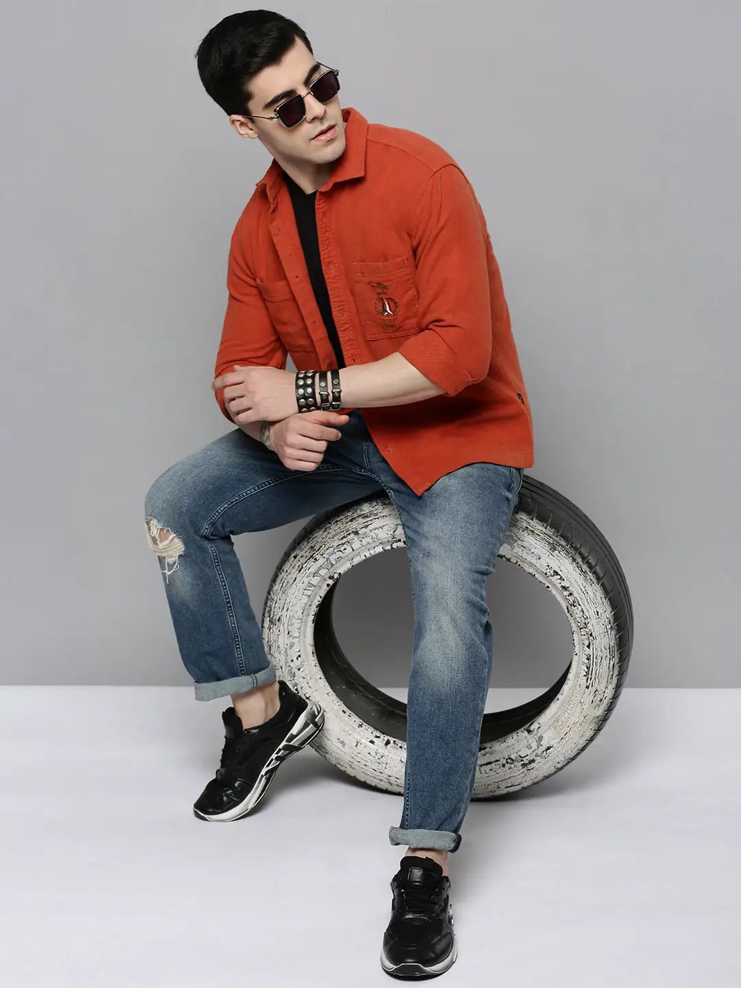 Men's Orange Solid Casual Shirt