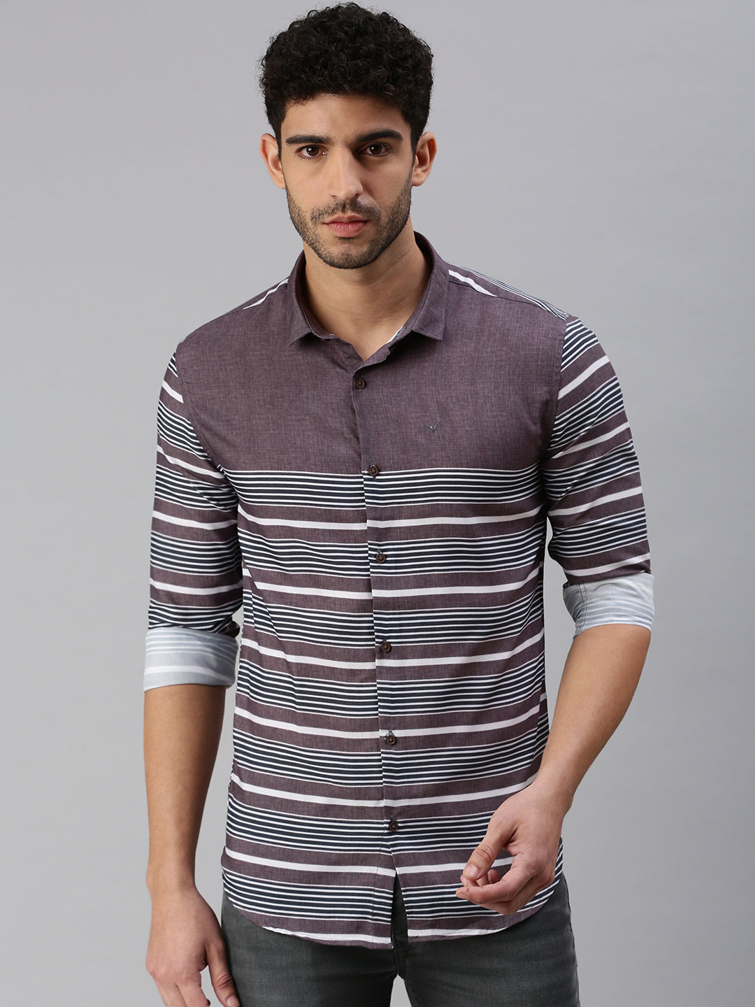 Men Grey Striped Casual Shirt