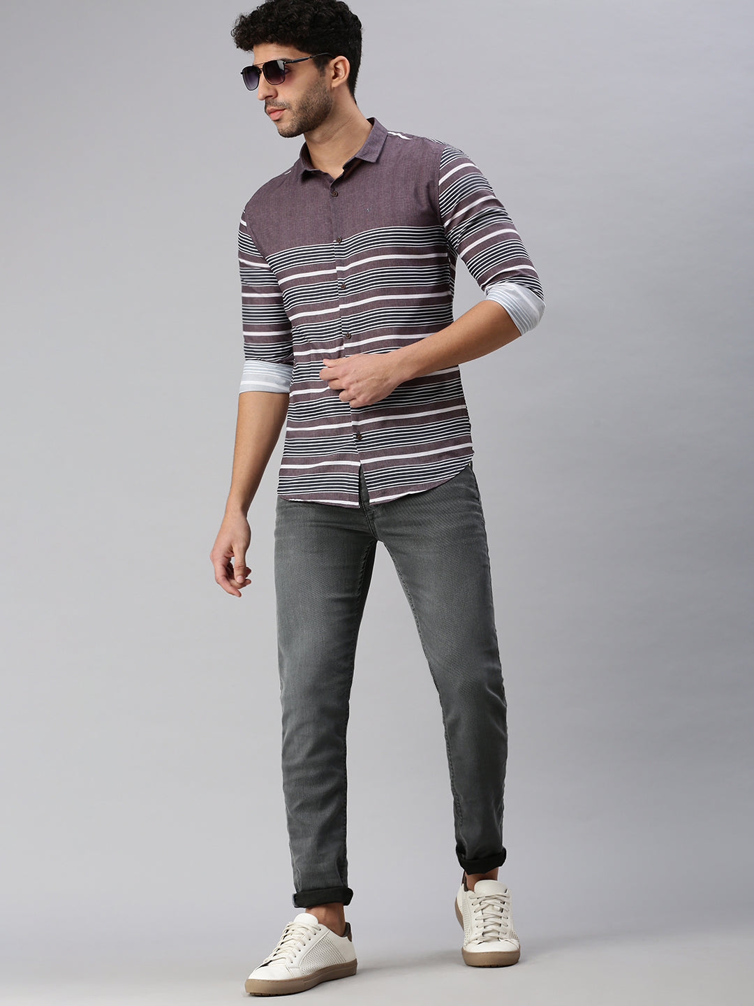 Men Grey Striped Casual Shirt