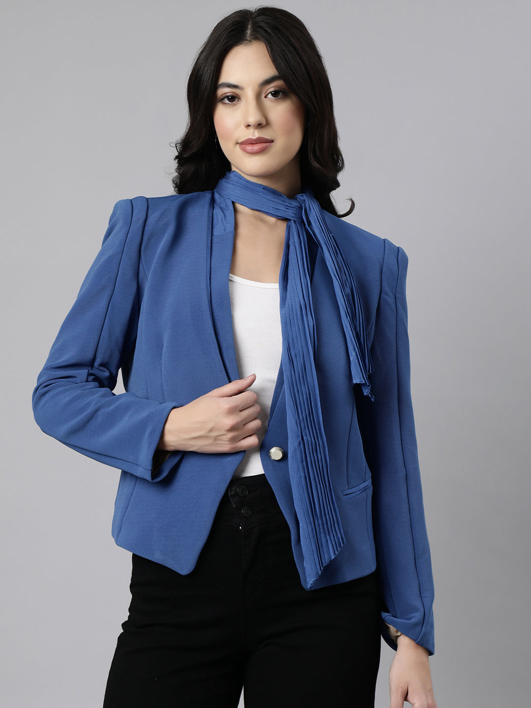 Women Blue Single-Breasted Blazer Comes Attached Scarf