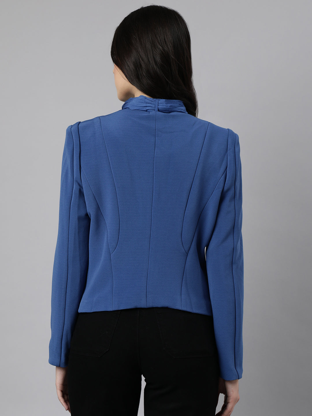 Women Blue Single-Breasted Blazer Comes Attached Scarf