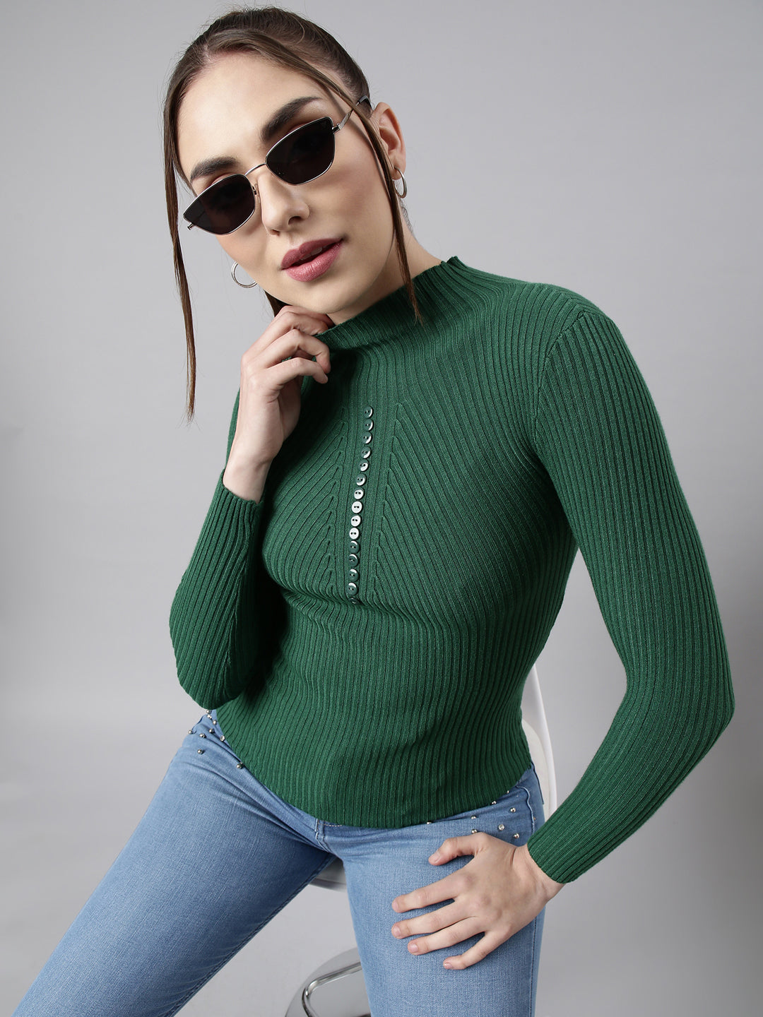 Women Green Solid Fitted Top