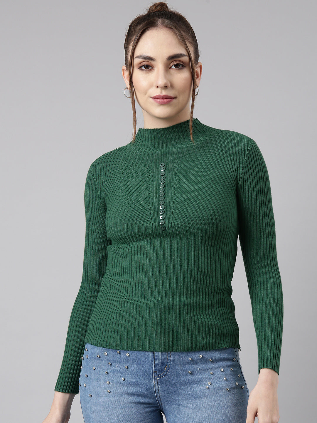 Women Green Solid Fitted Top