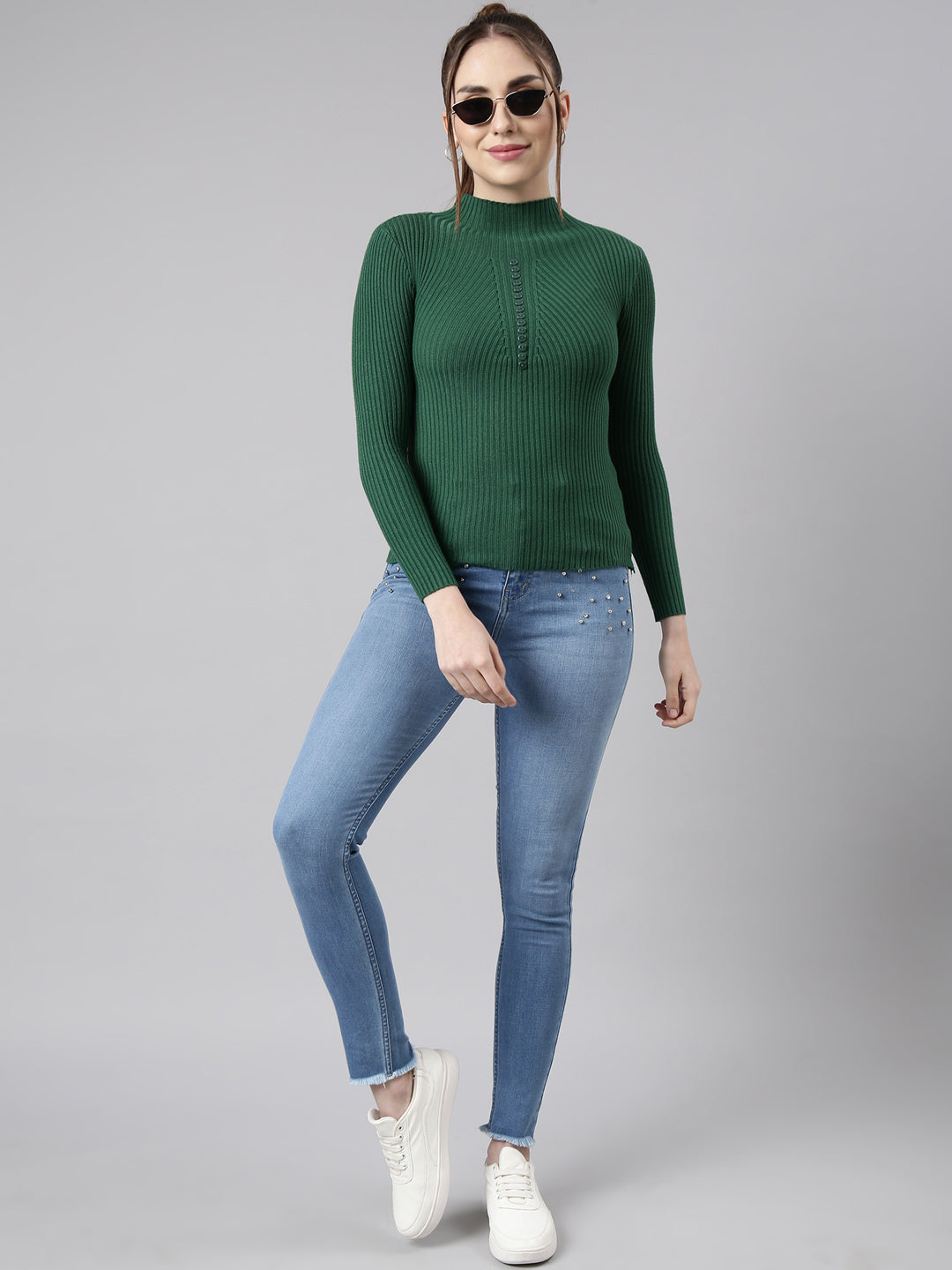 Women Green Solid Fitted Top