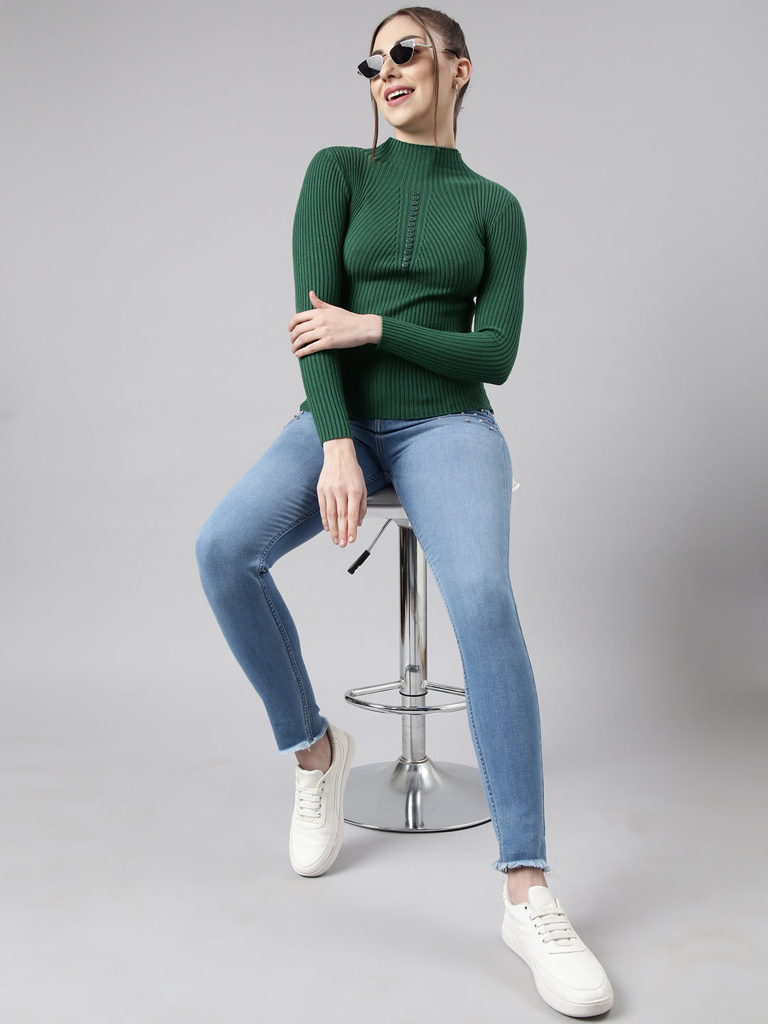 Women Green Solid Fitted Top