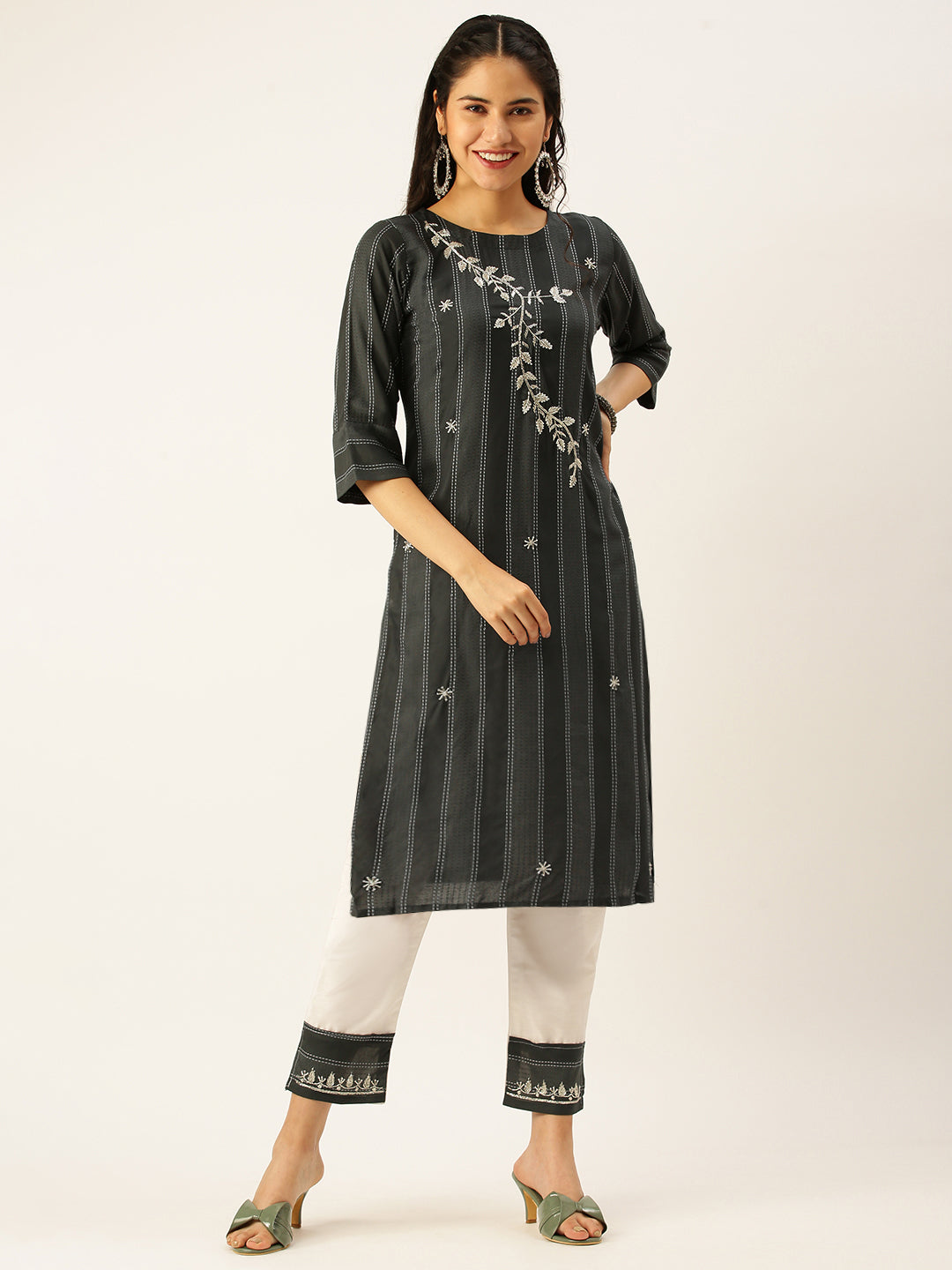 Women's Grey Striped Kurta Sets