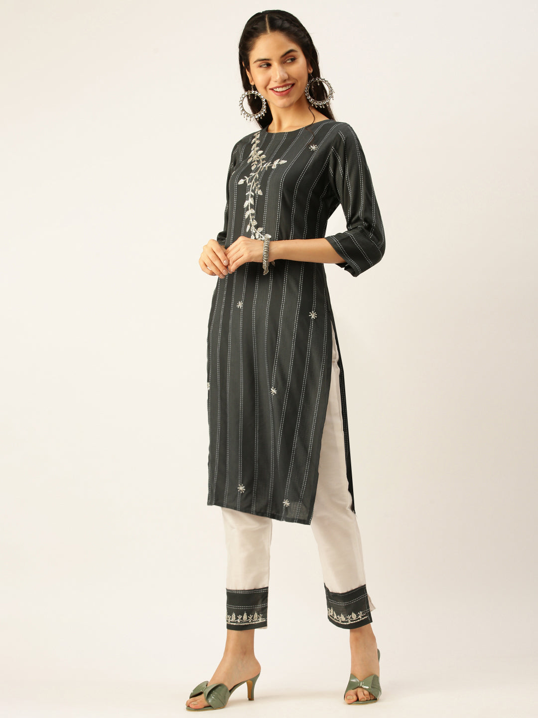 Women's Grey Striped Kurta Sets