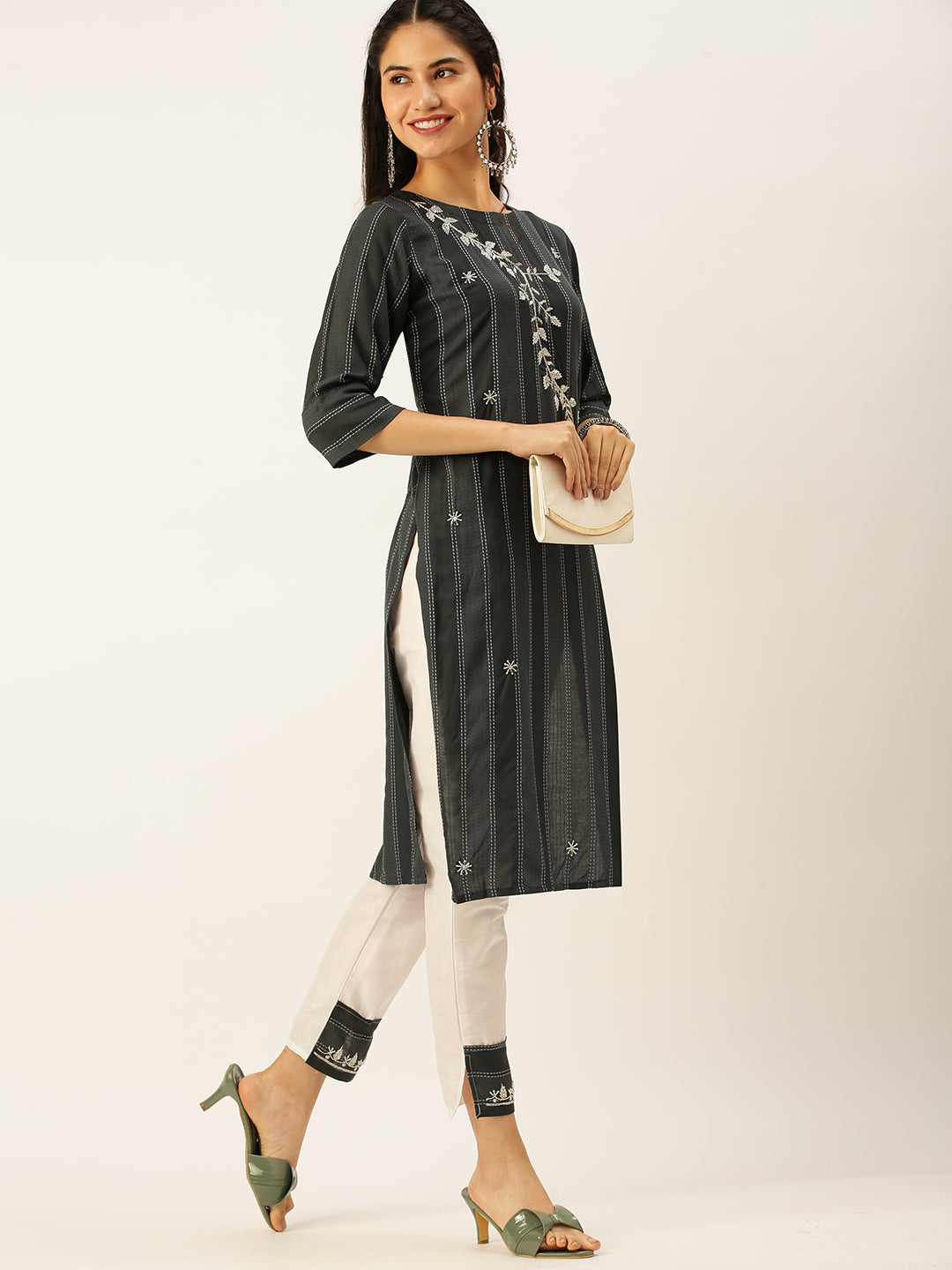 Women's Grey Striped Kurta Sets