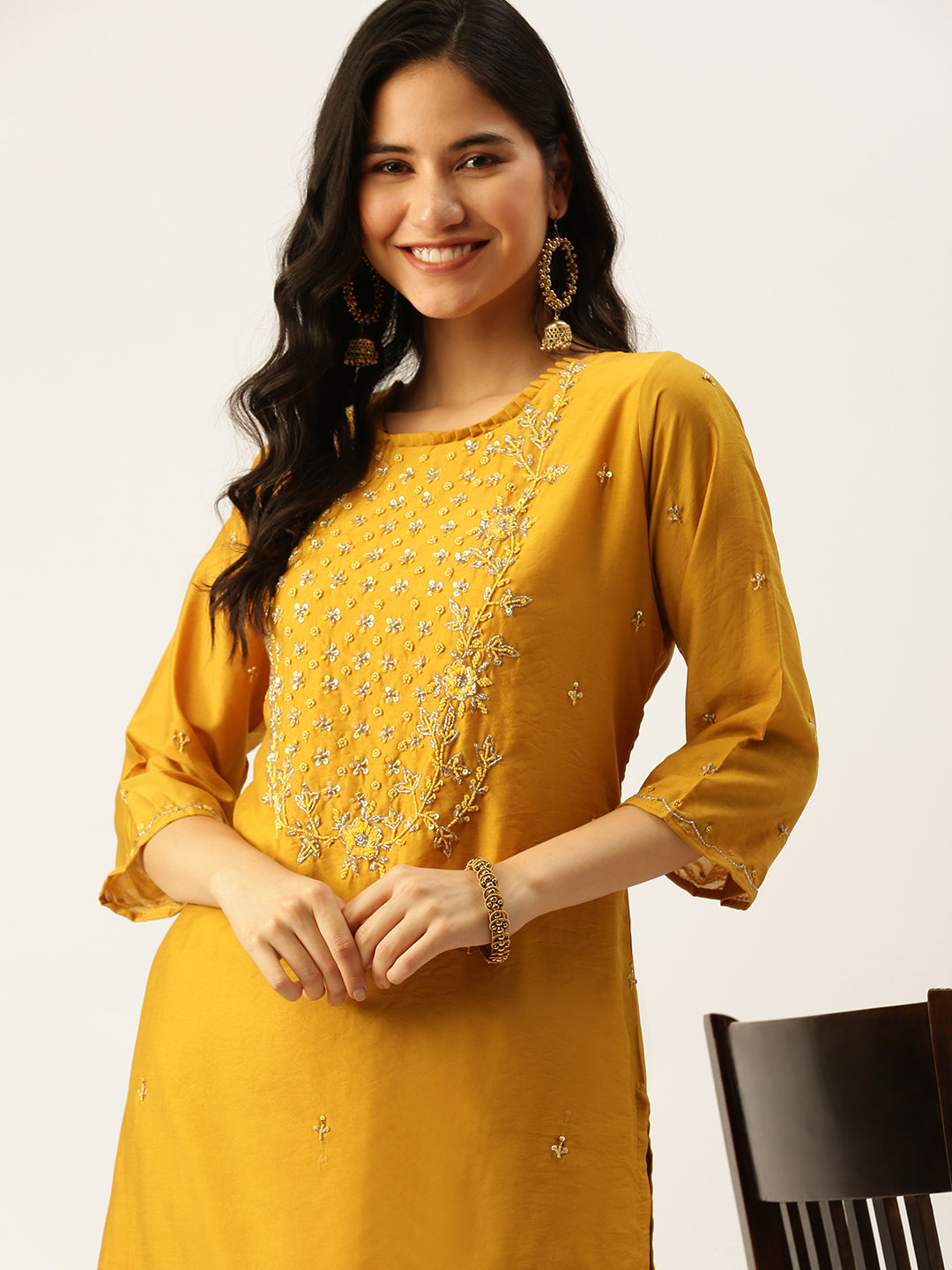 Women's Mustard Solid Straight Kurtas