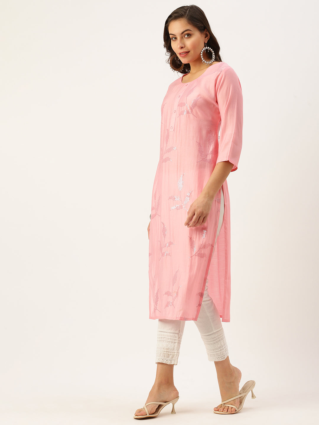 Women's Pink Embroidered Straight Kurtas