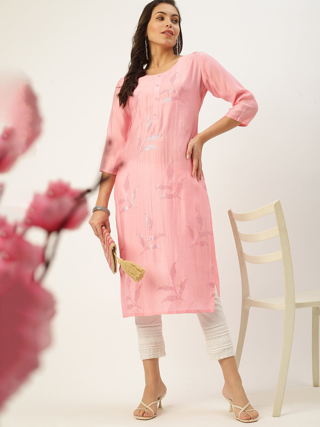 Women's Pink Embroidered Straight Kurtas