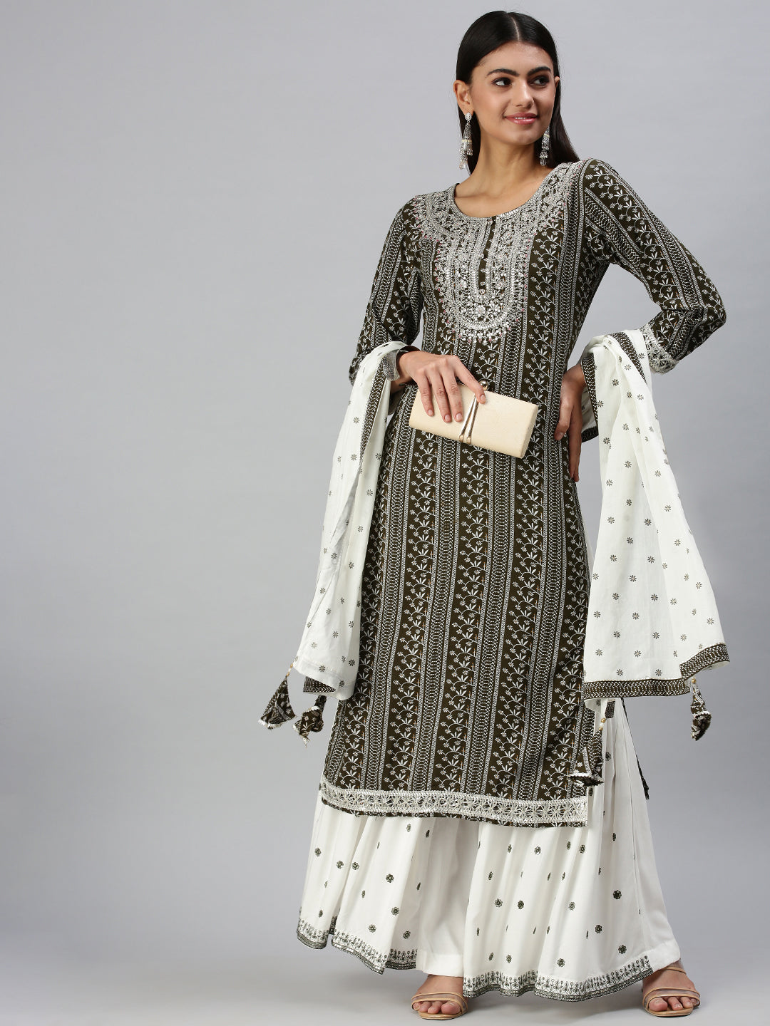 Women's Olive Printed Kurta Sets