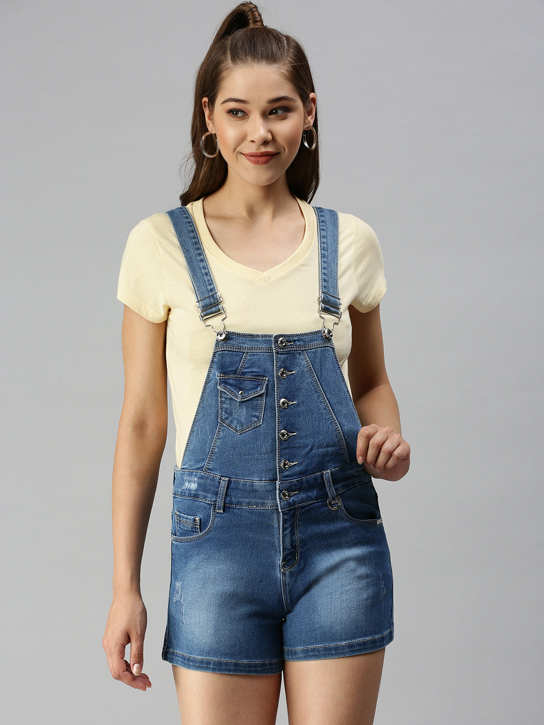 Women's Blue Solid Slim-Fit Cotton Denim Dungarees