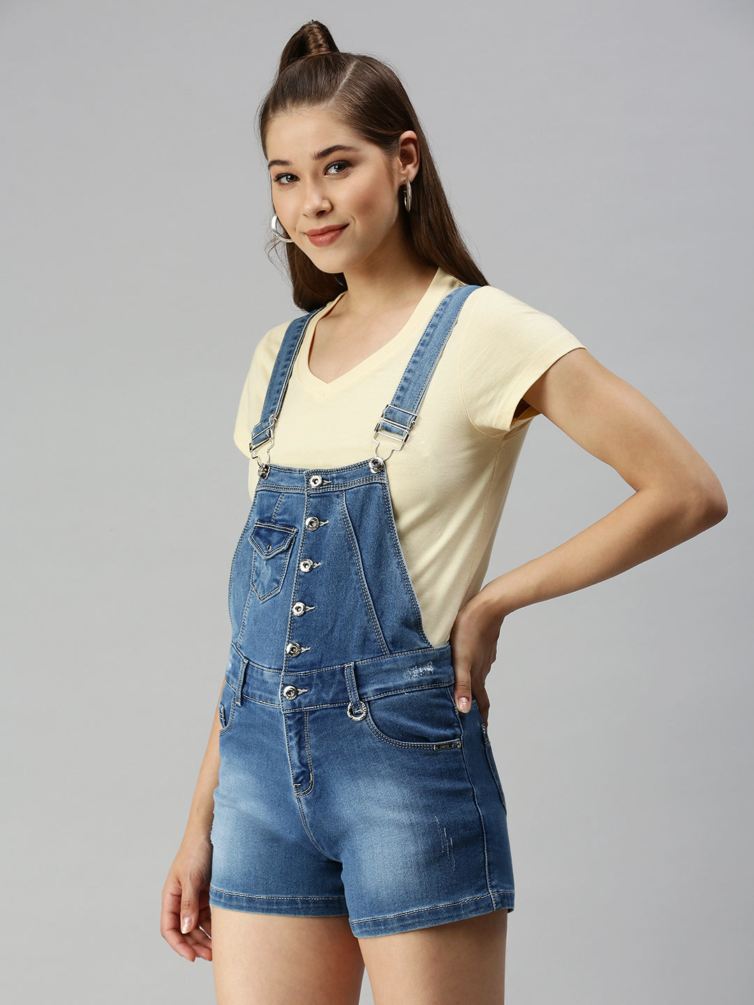Women's Blue Solid Slim-Fit Cotton Denim Dungarees