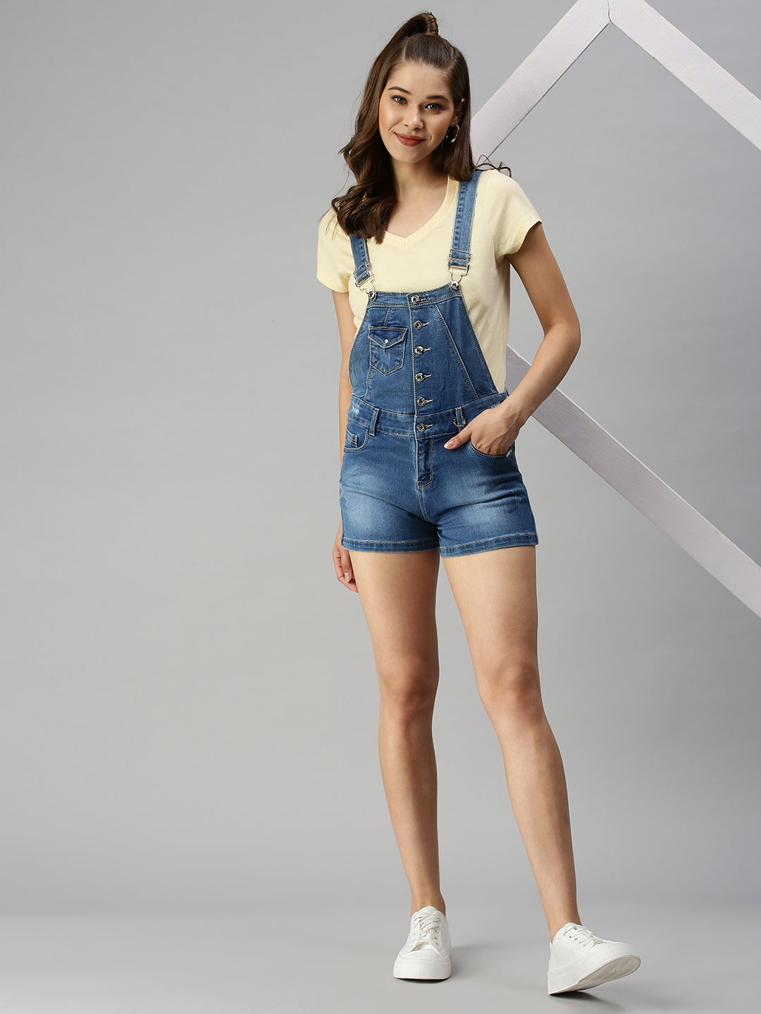 Women's Blue Solid Slim-Fit Cotton Denim Dungarees