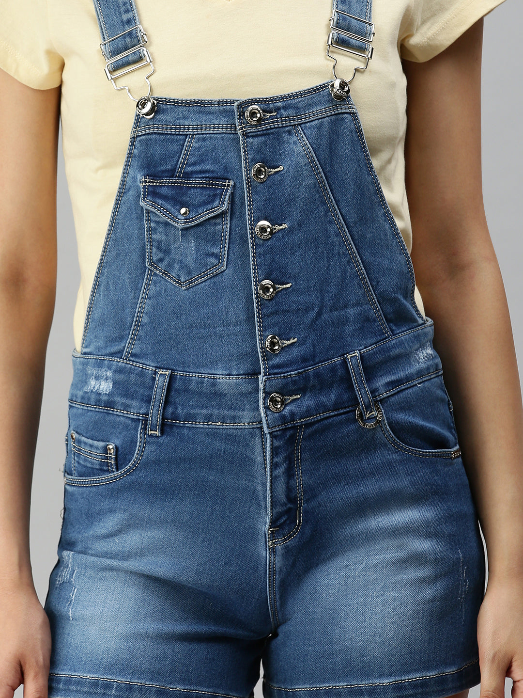Women's Blue Solid Slim-Fit Cotton Denim Dungarees