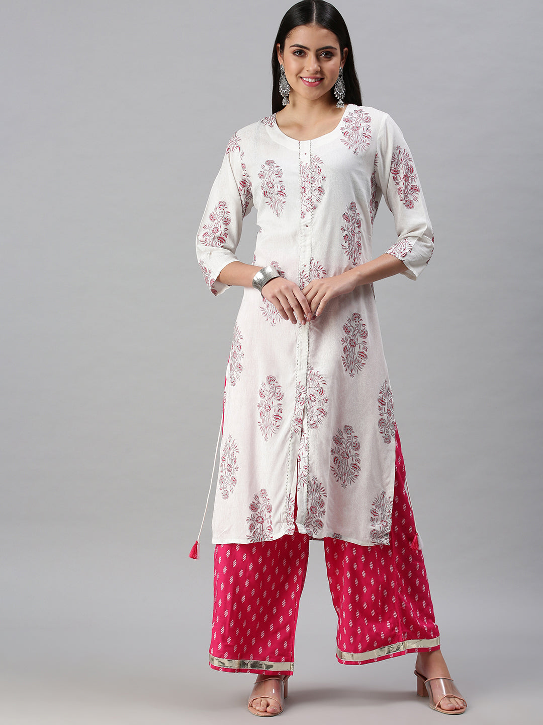 Women's White & Pink Printed Kurta Sets