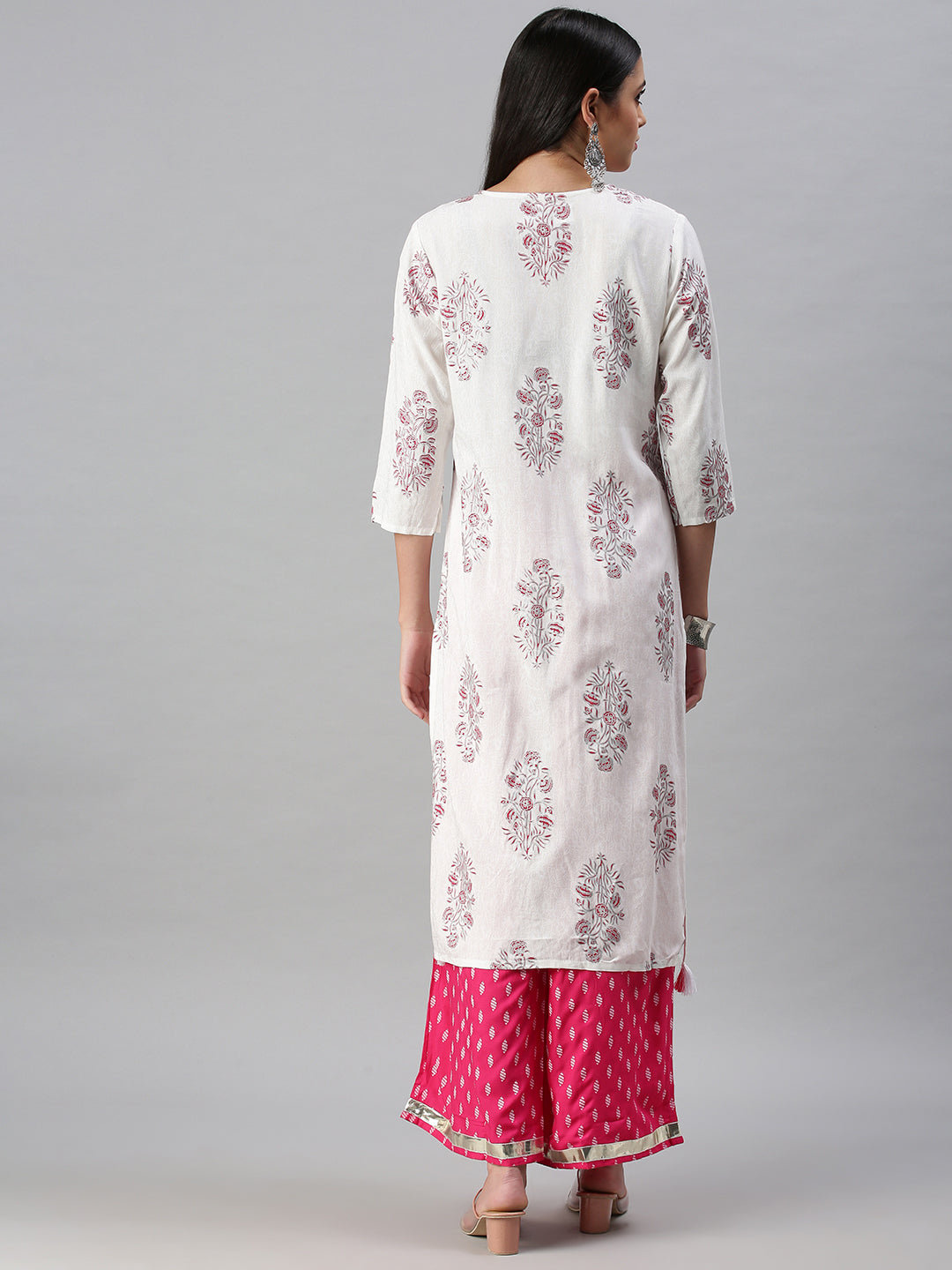 Women's White & Pink Printed Kurta Sets