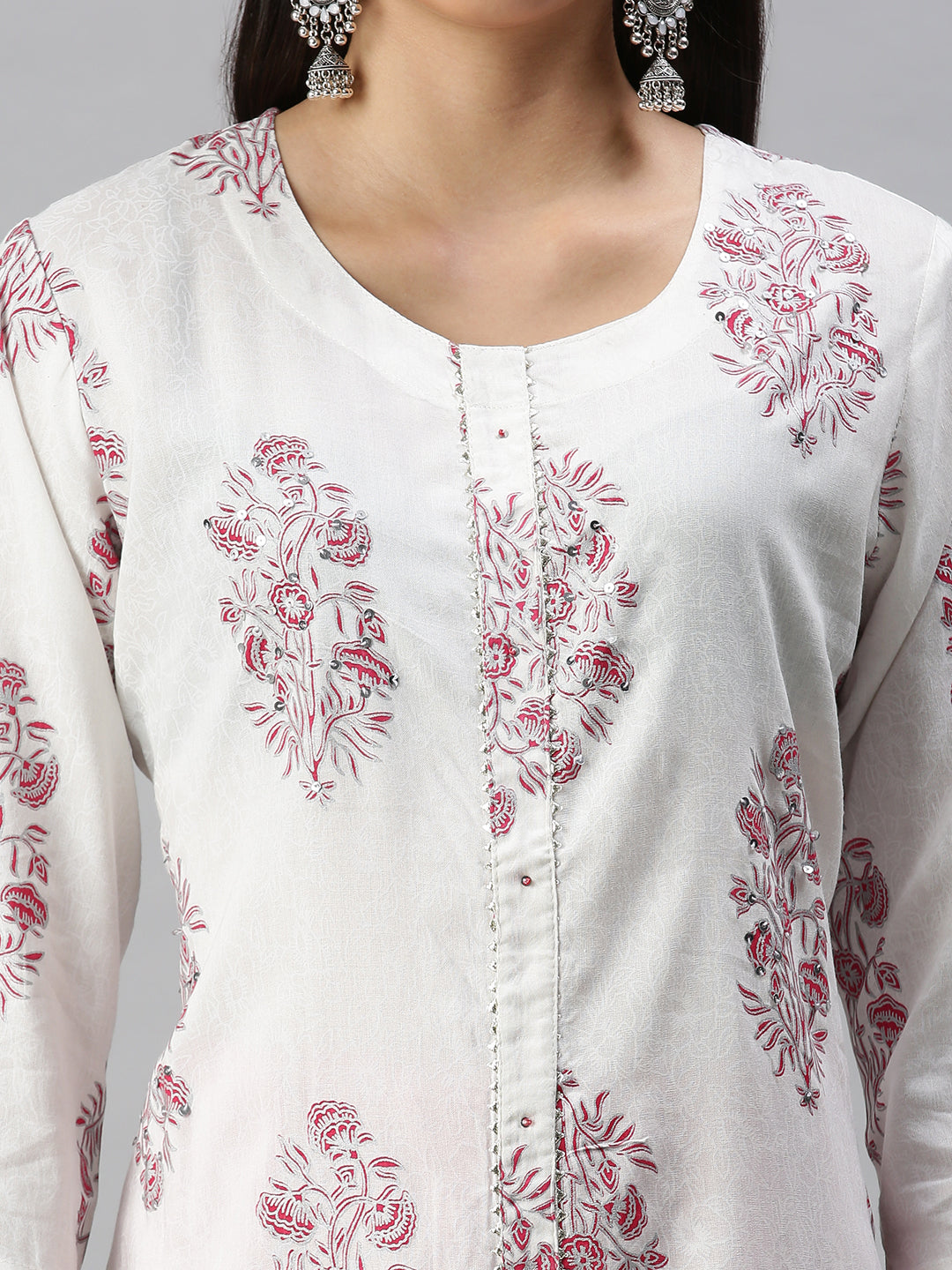 Women's White & Pink Printed Kurta Sets