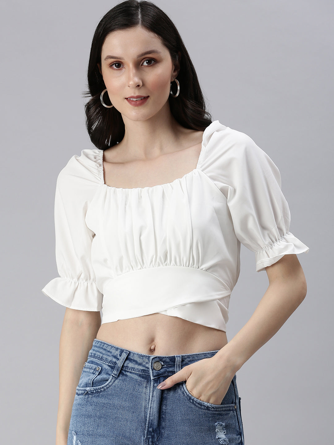 Women's White Solid Crop Top