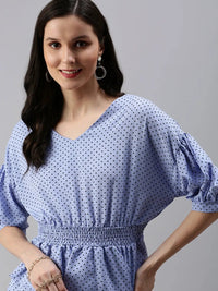 Women's Blue Print Crepe Cinched Waist V-Neck Top