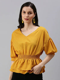 Women's Mustard Print Crepe Cinched Waist Top