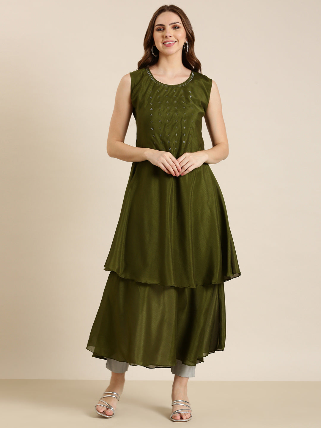 Women Olive Solid A-Line Kurta