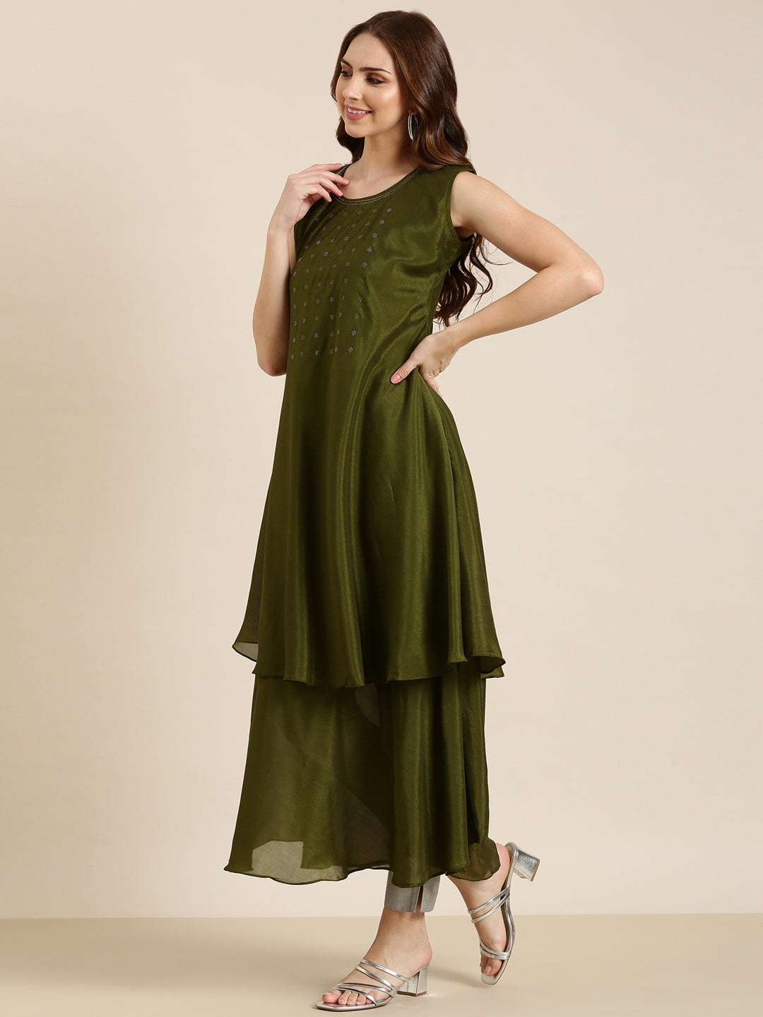 Women Olive Solid A-Line Kurta