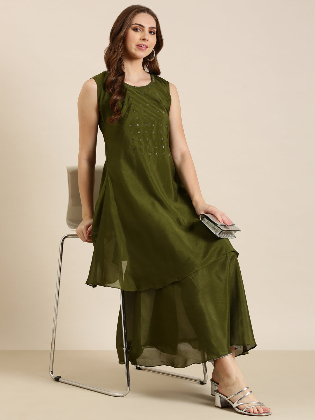 Women Olive Solid A-Line Kurta