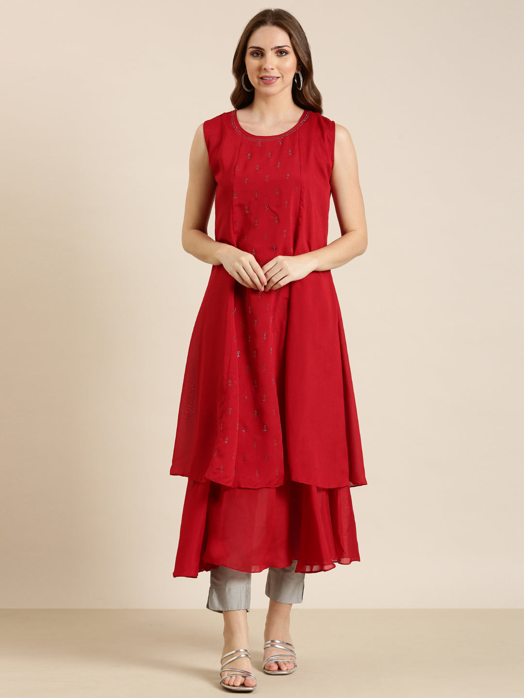 Women Red Solid A-Line Kurta