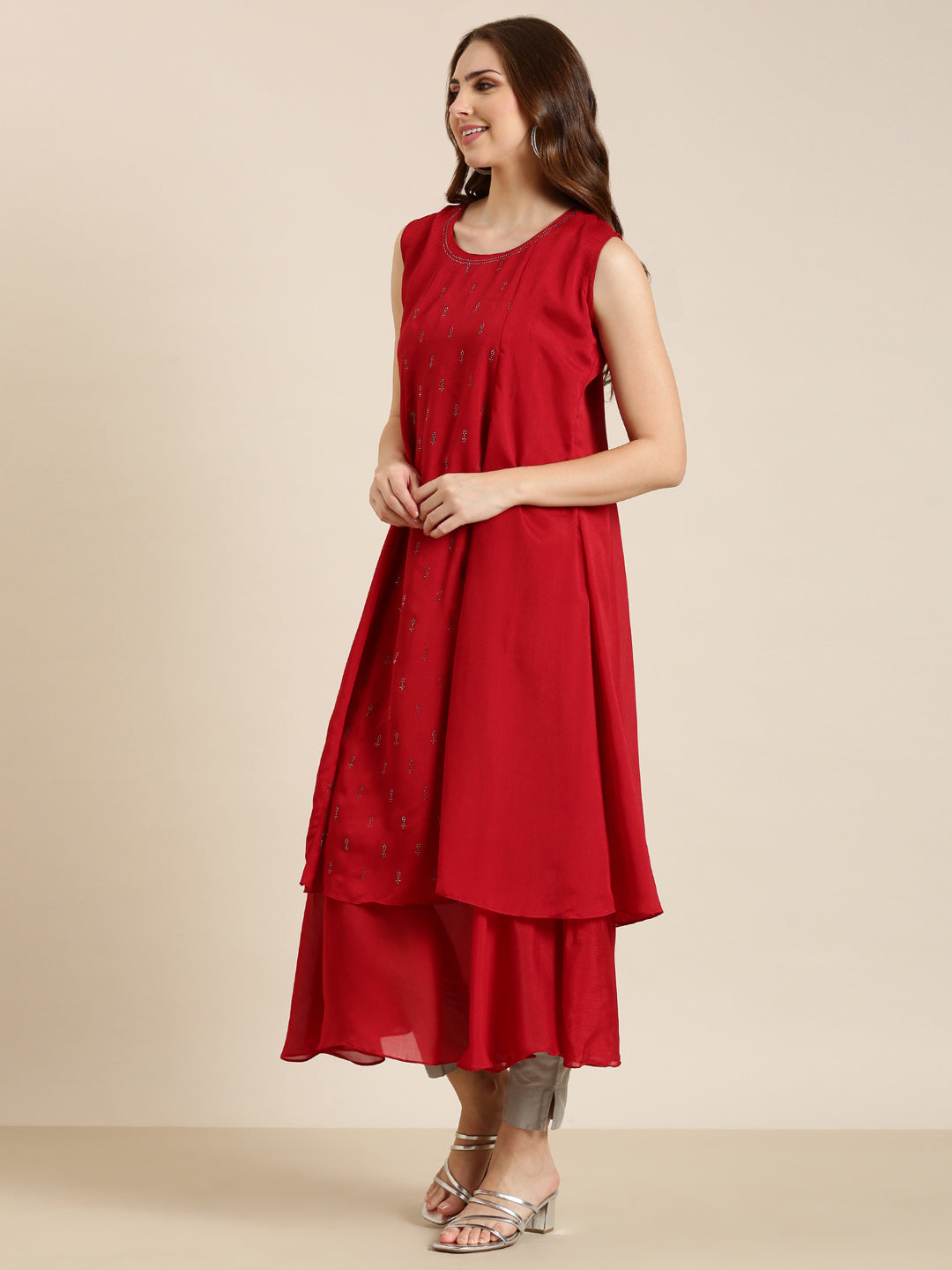 Women Red Solid A-Line Kurta